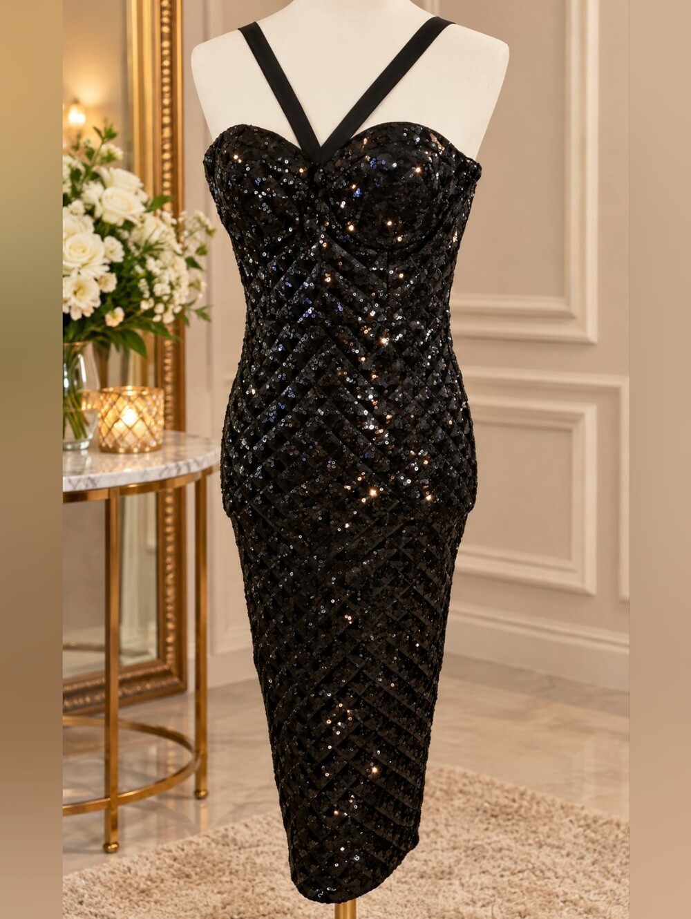 NWT Cristallini 3D Sequin Black Cocktail Dress